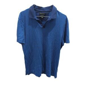 Mens Banana Republic Luxury Touch Blue Stripe Polo No Button Johnny Collar Med
